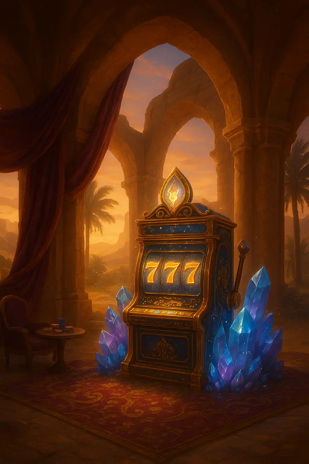 Glowing magic slot machine standing in a golden desert oasis surrounded by sandstone arches and shimmering crystals